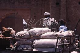 Image du Maroc Professionnelle de  Un grand chariot tiré par deux chevaux livre des sacs de farine près de Bab Agnaou (porte du bélier XIIIe siècle) monument de l'architecture militaire, construite en pierres de Guéliz, Mercredi 18 Mai 1988. (Photo / Abdeljalil Bounhar). (Photo / Abdeljalil Bounhar) 